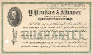Y. Pendas and Alvarez Cuba Cigar Label - 1867 dated American Bank Note Specimen with Daniel Webster Portrait