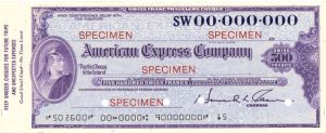 Switzerland American Express Company Travellers Cheque/Check - Various Denominations - American Bank Note Specimen Checks