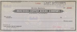 Anaconda Copper Mining Co. - Butte, Montana - American Bank Note Company Specimen Check