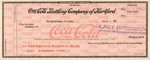 Coca-Cola Bottling Company of Hartford - American Bank Note Company Specimen Checks