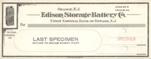 Edison Storage Battery Co. - American Bank Note Company Specimen Checks
