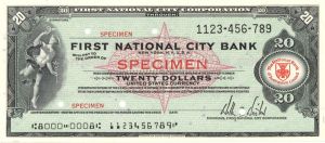 First National City Bank - $20 - American Bank Note Company Specimen Checks