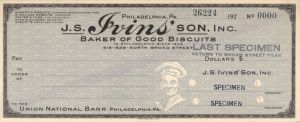 J.S. Irvins' Son, Inc. - American Bank Note Company Specimen Checks