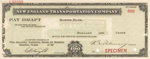 New England Transportation Co. - American Bank Note Company Specimen Checks