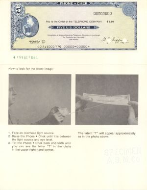 $5 Telephone Company - American Bank Note Company Specimen Checks