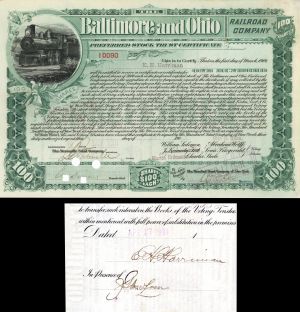 Baltimore and Ohio Railroad Co. signed by E H Harriman - Stock Certificate