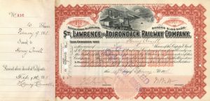 William Seward Webb - St. Lawrence and Adirondack Railway - Stock Certificate