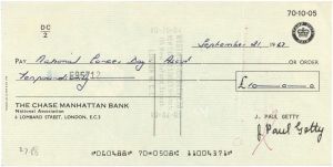 J. Paul Getty signed 1960's dated Check on Chase Manhattan Bank London - The Man behind the Movie "All the Money in the World"