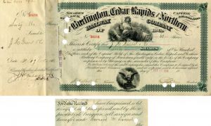 Bernard Baruch - Burlington Cedar Rapids and Northern Railway - Stock Certificate