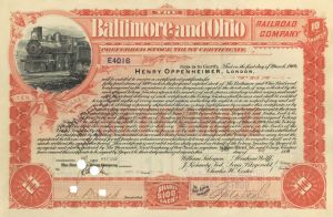 Henry Oppenheimer signed Baltimore & Ohio Railroad - Issued to & Signed at Back - Autograph Stock Certificate