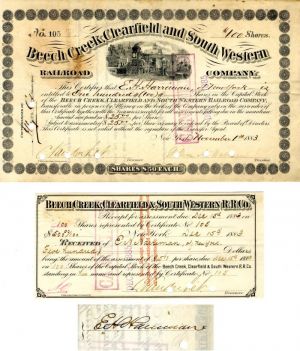 Beech Creek, Clearfield and South Western Railroad Pair Issued to and Signed by E.H. Harriman and C. Vanderbilt- Stock Certificate