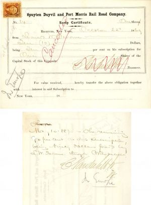 Spuyten Duyvil and Port Morris Rail Road Co. signed twice by Cornelius Vanderbilt II - Stock Certificate
