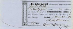 Hudson River Railroad Co. Issued to and Signed by Jacob Little - Stock Certificate