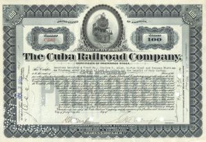 Cuba Railroad Co. Issued to Will of Levi P. Morton - Stock Certificate