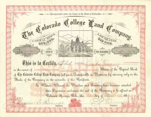 Colorado College Land Co Stock signed by Edward Payson Tenney - Autograph Stock Certificate