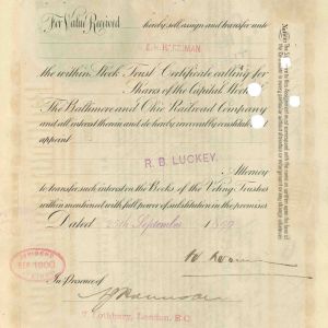 Baltimore & Ohio Railroad Stock Transferred to Edward H. Harriman - Railway Stock Certificate