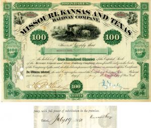 Jay Gould and Russell Sage signed Missouri, Kansas and Texas Railway Co. - "The Katy" - 1880 dated Railroad Stock Certificate
