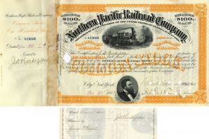 John D. Rockefeller issued to and signed Northern Pacific Railroad Co. - Autograph Stock Certificate