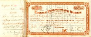 Edison Phonograph Works signed by Thos. A. Edison - Stock Certificate