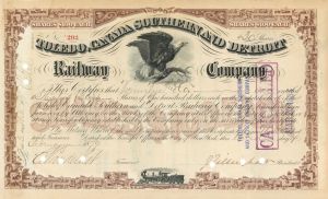 Toledo, Canada Southern and Detroit Railway Co. signed by Cornelius Vanderbilt (Jr.) - Stock Certificate