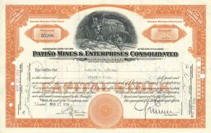 Patino Mines & Enterprises Consolidated signed by member of Patino Family - 1934 dated Autograph Stock Certificate
