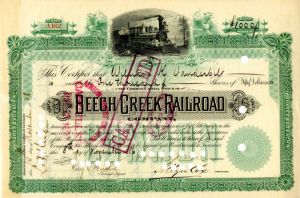 Beech Creek Railroad Co. Issued to Wm. K. Vanderbilt - Stock Certificate