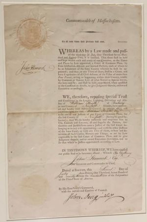 John Hancock Signed Appointment for William Heath of Roxbury, Norfolk County of Massachusetts