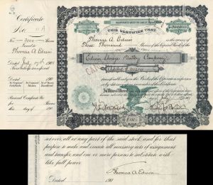 Edison Storage Battery Co. - Signed twice by Thomas Edison - Stock Certificate