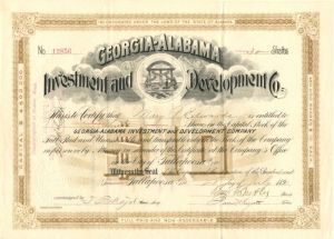 Georgia-Alabama Investment and Development Co. signed by Benjamin Butler - Stock Certificate