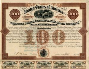Western North Carolina Rail Road Co. - Signed by Samuel McDowell Tate and Henry Clews - 1870 dated $100 Railway Bond