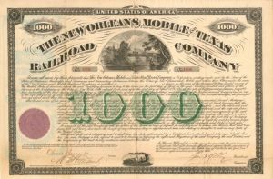 New Orleans, Mobile and Texas Railroad Co. signed by Oliver Ames II - Bond