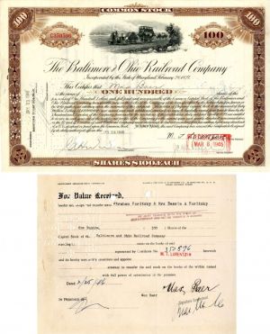 Baltimore and Ohio Railroad Co. Issued to and signed by Max Baer - Stock Certificate