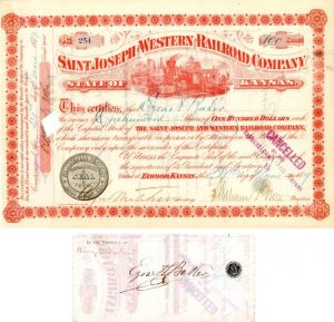 Saint Joseph and Western Railroad Co. signed by E.H. Baker - Stock Certificate