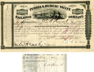 Peoria and Bureau Valley Railroad Co. issued to and signed by C.W. Durant - Stock Certificate