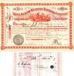 Saint Joseph and Western Railroad Co. signed by J.J. Slocum - Stock Certificate