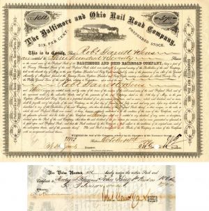 Baltimore and Ohio Rail Road Co. signed by J.W. Garrett and Robt. Garrett - Stock Certificate