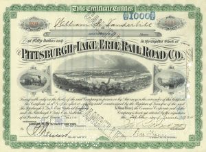 1,000 Share Pittsburgh and Lake Erie Railroad Co. issued to William K. Vanderbilt - Not Signed - 1925 dated Railway Stock Certificate