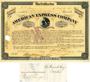 American Express Co. signed by Wm. G. Fargo, Hanna Fargo and Geo. W. Fargo - Stock Certificate