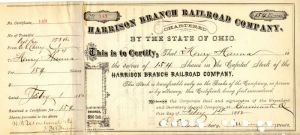 Harrison Branch Railroad Co. Issued to Henry Hanna