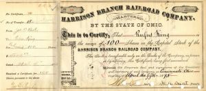 Harrison Branch Railroad Co. Issued to Rufus King - 1875 dated Railway Stock Certificate