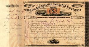 Lake Shore Railway Co. Issued to Jay Cooke & Co. and signed by Henry Devereux - Railroad Stock Certificate