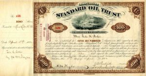 Standard Oil Trust Signed by Oliver Hazard Payne, Henry M. Flagler and John D. Rockefeller - 1882 dated Autograph Oil Stock Certificate