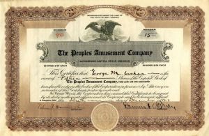 Peoples Amusement Co. Issued to George M. Cohan - Stock Certificate