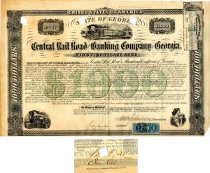 Central Rail Road and Banking Co. of Georgia signed by Moses Taylor - Autograph Railway Bond