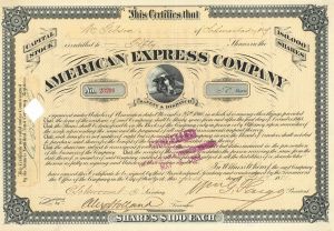 American Express Co. Signed by William G. Fargo - 1881 dated Express Stock Certificate