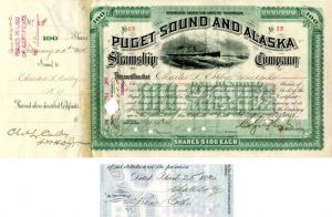 Puget Sound and Alaska Steamship Co. issued to and signed by Charles L. Colby and Gardner Colby- Stock Certificate