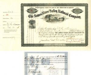 James River Valley Railroad Co. issued to and signed by W.R. Merriam, Crawford Livingston and Geo. H. Earl