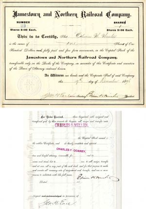 Jamestown & Northern Railroad Co. issued to/signed by Edwin Winter & signed by Geo. H. Earl