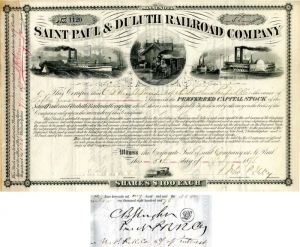 Saint Paul and Duluth Railroad Co. Issued to C.B. Wright President of the Northern Pacific RR Co.