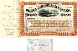 Puget Sound and Alaska Steamship Co. signed by Charles T. Barney - Stock Certificate